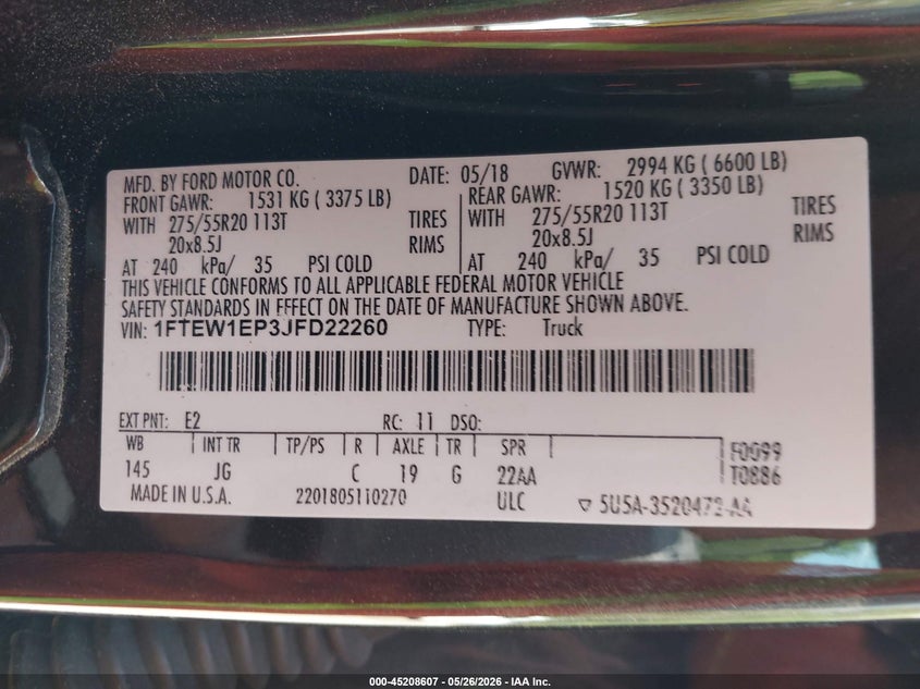 VIN 1FTEW1EP3JFD22260 2018 FORD F-150 XL