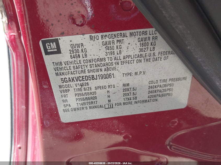 2011 Buick Enclave 2Xl VIN: 5GAKVCEDYBJ190061 Lot: 45208639