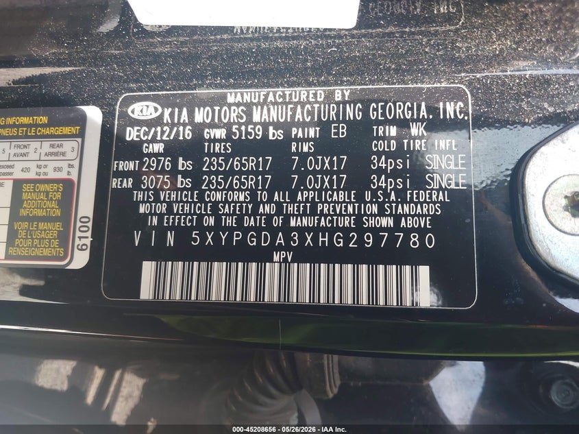 2017 KIA SORENTO SPORT UTILITY VEHICLE 2.4L I-4 DI, DOHC, VVT, 185HP