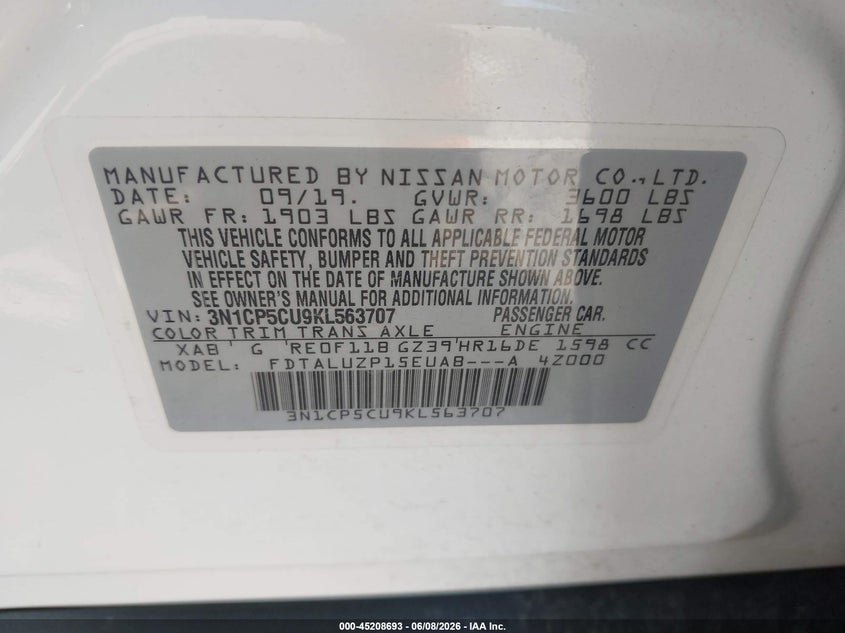 2019 Nissan Kicks Sr VIN: 3N1CP5CU9KL563707 Lot: 45208693