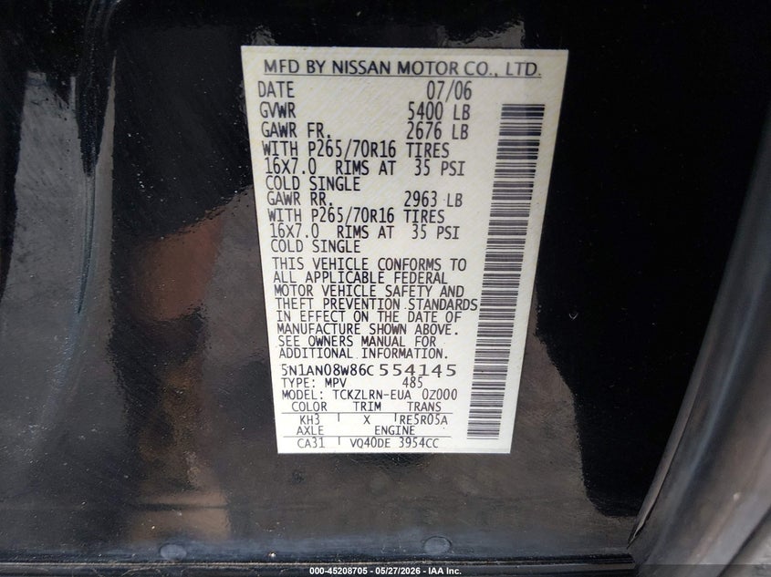 2006 Nissan Xterra S VIN: 5N1AN08W86C554145 Lot: 45208705
