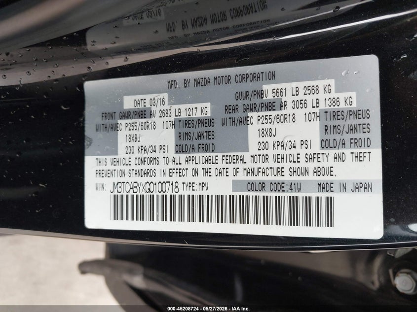 2016 Mazda Cx-9 Sport VIN: JM3TCABYXG0100718 Lot: 45208724