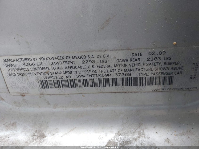 2009 Volkswagen Jetta S VIN: 3VWJM71K09M137268 Lot: 45208774