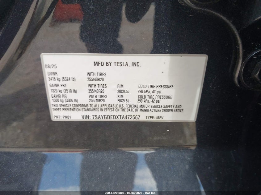 2026 Tesla Model Y Premium Rear-Wheel Drive/Rear-Wheel Drive VIN: 7SAYGDEDXTA472567 Lot: 45208806