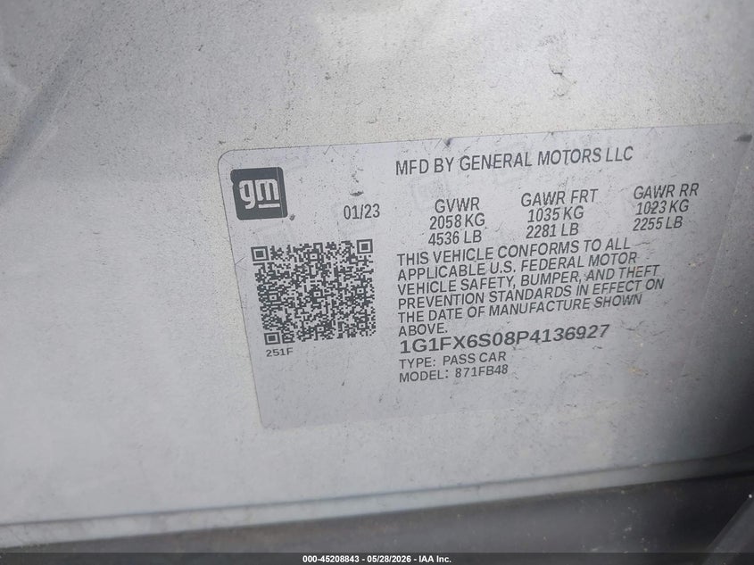 2023 Chevrolet Bolt Ev Fwd 2Lt VIN: 1G1FX6S08P4136927 Lot: 45208843