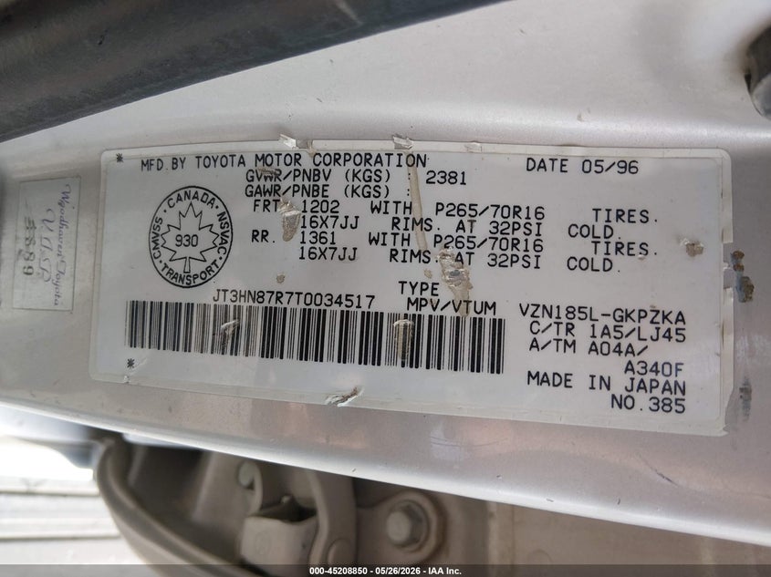 1996 Toyota 4Runner Limited VIN: JT3HN87R7T0034517 Lot: 45208850