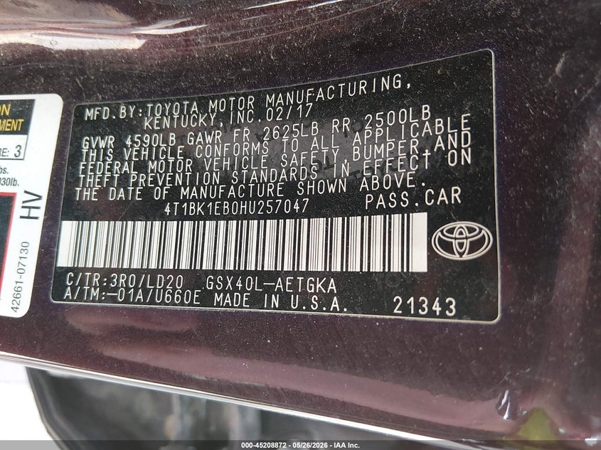 VIN 4T1BK1EB0HU257047 2017 TOYOTA AVALON XLE