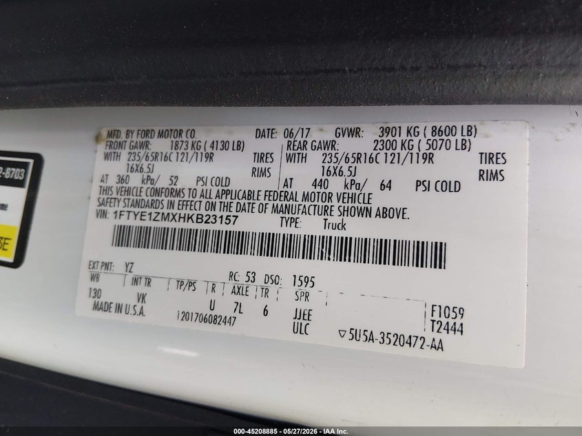 FORD TRANSIT-150 2017 VIN 1FTYE1ZMXHKB23157