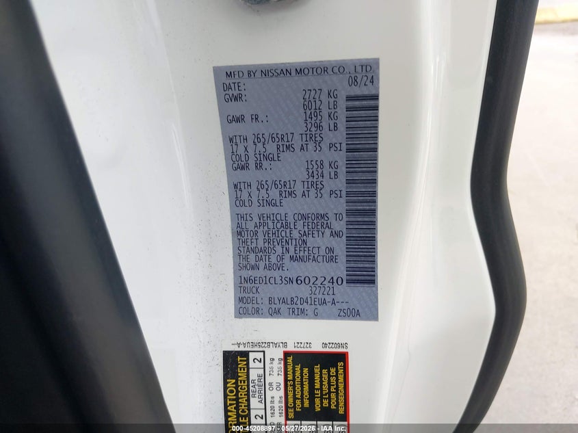 VIN 1N6ED1CL3SN602240 2025 NISSAN FRONTIER KING CAB SV 4X2