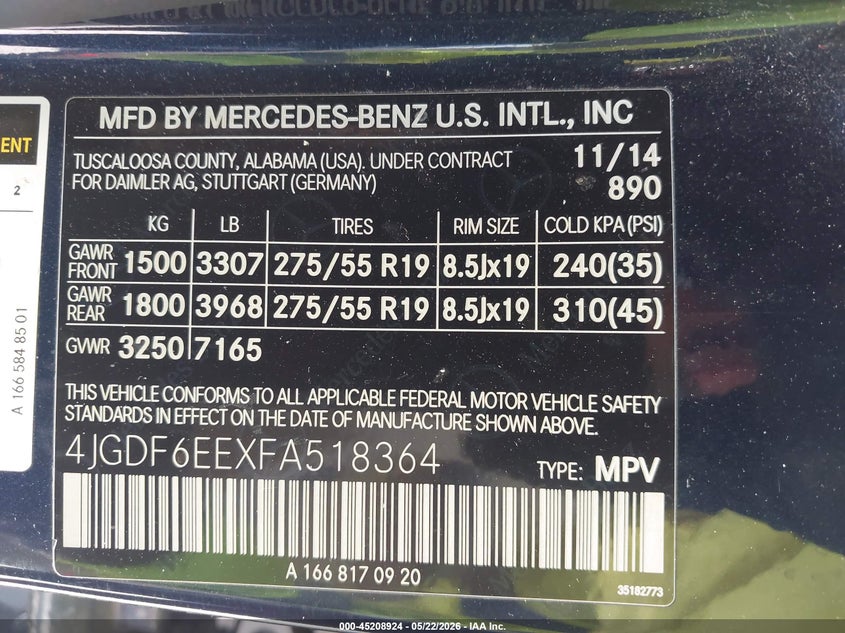2015 Mercedes-Benz Gl 450 4Matic VIN: 4JGDF6EEXFA518364 Lot: 45208924
