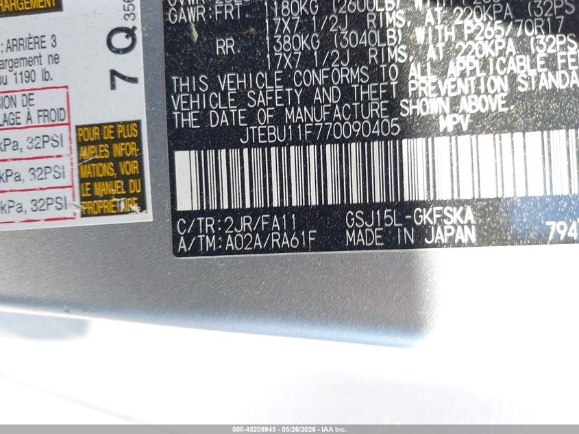 2007 Toyota Fj Cruiser VIN: JTEBU11F770090405 Lot: 45208945