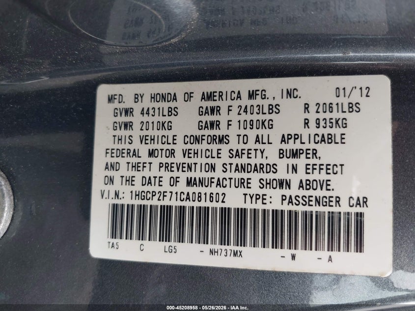 2012 Honda Accord 2.4 2.4 Ex grey Lot 111045208958 Vin 1HGCP2F71CA081602
