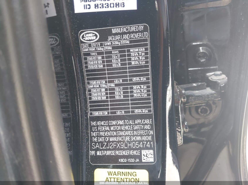 2020 Land Rover Range Rover Evoque S VIN: SALZJ2FX9LH054741 Lot: 45208985