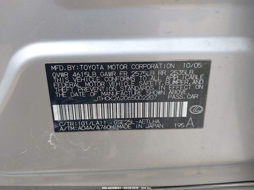 2006 Lexus Is 250 VIN: JTHCK262065002207 Lot: 45209041