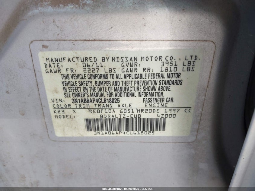 2012 Nissan Sentra 2.0 2.0 S Silver Lot 111045209182 Vin 3N1AB6AP4CL618025