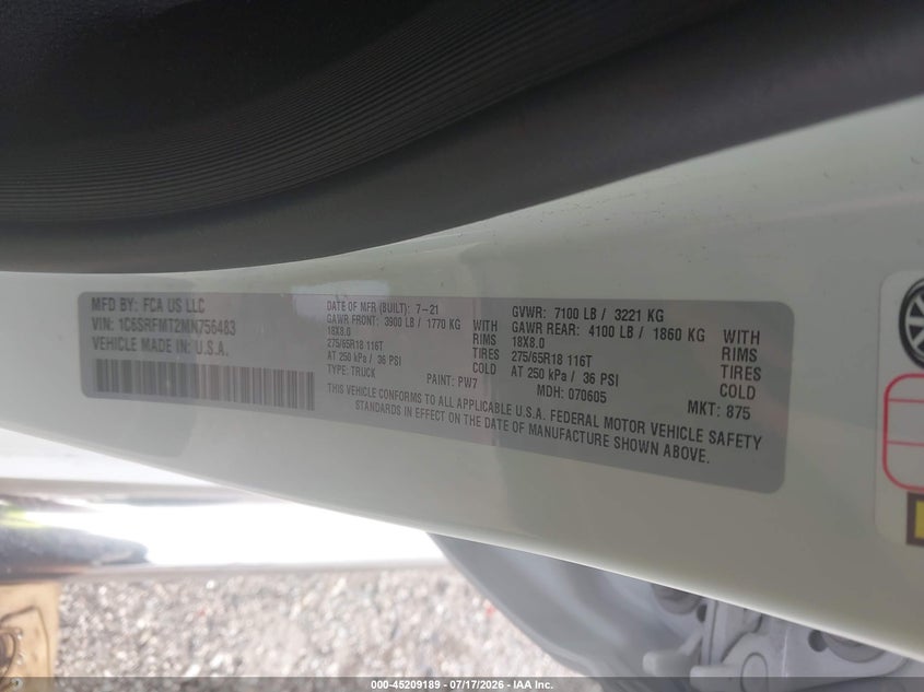 RAM 1500 2021 VIN 1C6SRFMT2MN756483