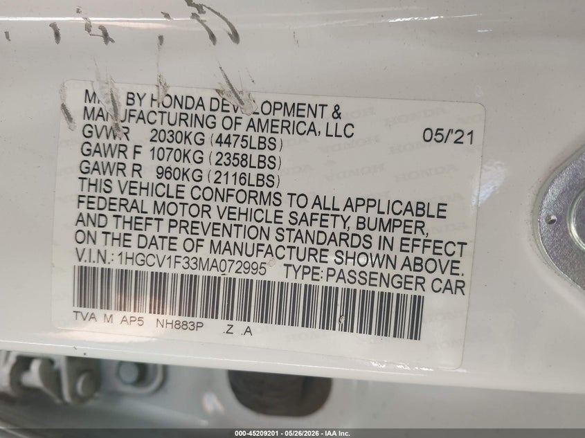 VIN 1HGCV1F33MA072995 2021 HONDA ACCORD SPORT