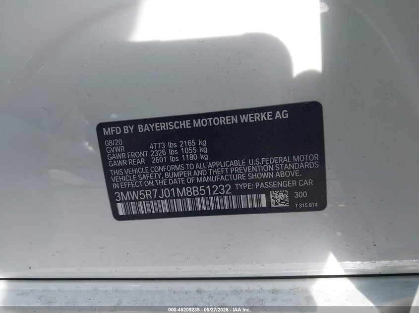 2021 BMW 330I xDrive VIN: 3MW5R7J01M8B51232 Lot: 45209235