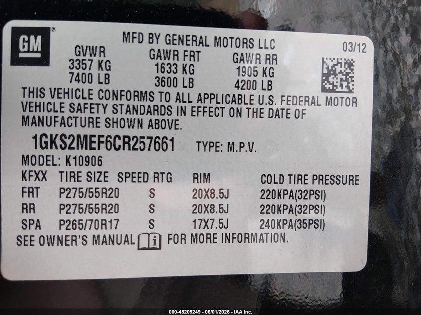 2012 Gmc Yukon 6.2 Xl 1500 Denali black Lot 111045209249 Vin 1GKS2MEF6CR257661