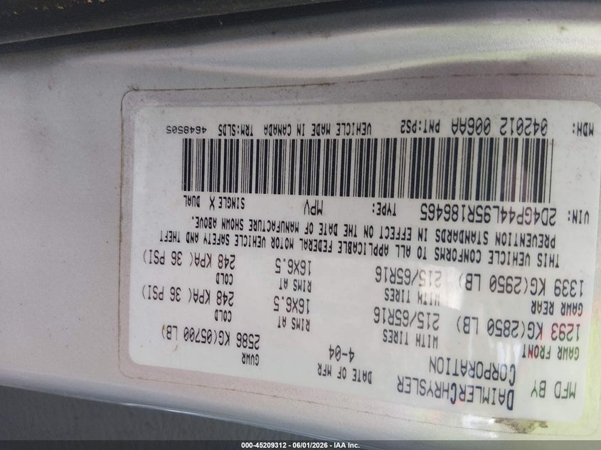 2005 Dodge Grand Caravan Sxt VIN: 2D4GP44L95R186465 Lot: 45209312