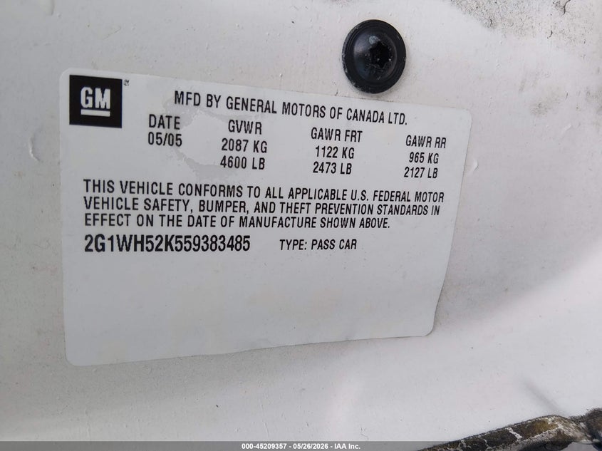 2005 Chevrolet Impala Ls VIN: 2G1WH52K559383485 Lot: 45209357