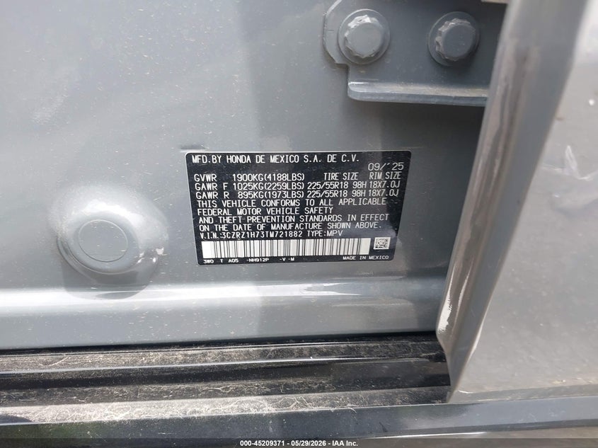 VIN 3CZRZ1H73TM721882 2026 HONDA HR-V 2WD EX-L