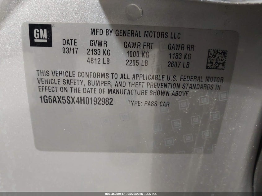 2017 Cadillac Cts Luxury VIN: 1G6AX5SX4H0192982 Lot: 45209417