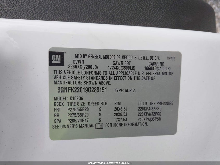 2009 Chevrolet Avalanche 1500 Lt1 VIN: 3GNFK22019G283151 Lot: 45209450