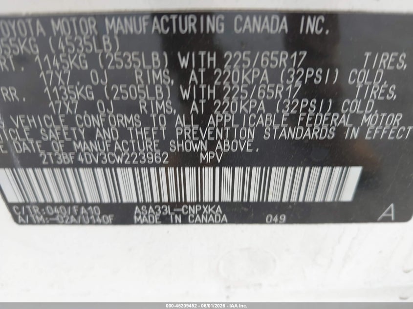 2012 Toyota Rav 4 2.5 Rav4 White Lot 111045209452 Vin 2T3BF4DV3CW223962