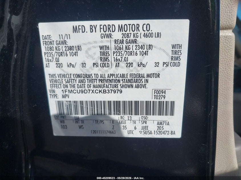 1FMCU9D7XCKB37979 2012 Ford Escape 2.5 Xlt black