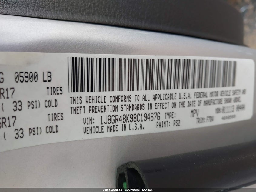 2008 Jeep Grand Cherokee Laredo VIN: 1J8GR48K98C194676 Lot: 45209544