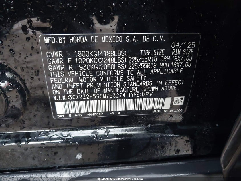 VIN 3CZRZ2H56SM793274 2025 HONDA HR-V AWD SPORT
