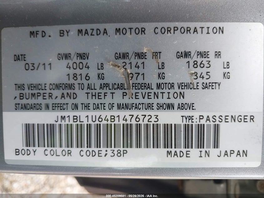 MAZDA MAZDA3 2011 VIN JM1BL1U64B1476723
