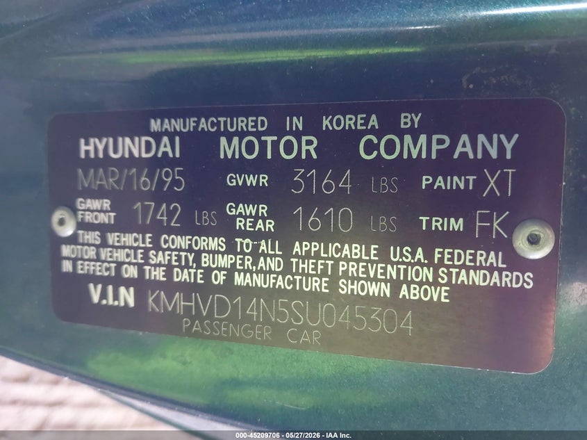 1995 Hyundai Accent L VIN: KMHVD14N5SU045304 Lot: 45209706