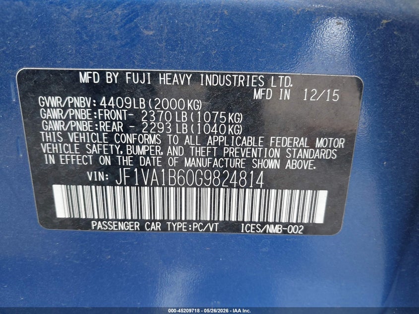 2016 Subaru Wrx VIN: JF1VA1B60G9824814 Lot: 45209718