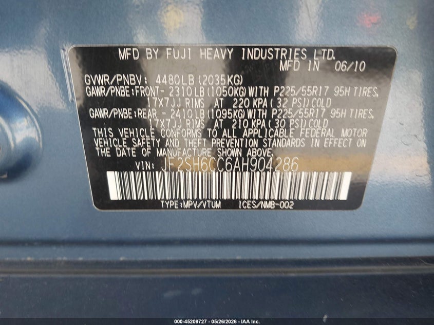 2010 Subaru Forester 2.5 2.5x Premium Blue Lot 111045209727 Vin JF2SH6CC6AH904286