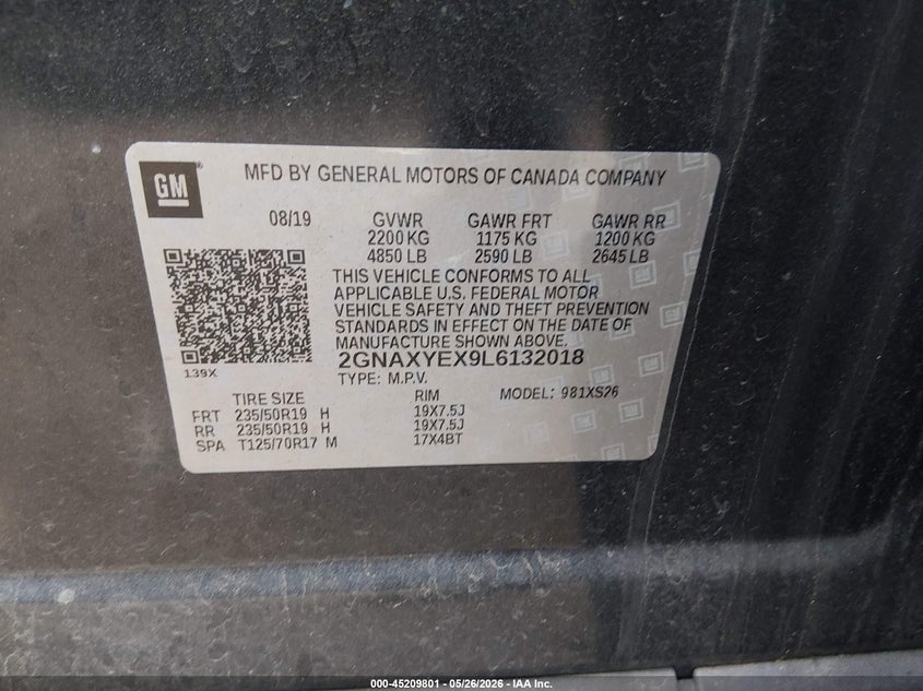 VIN 2GNAXYEX9L6132018 2020 CHEVROLET EQUINOX AWD PREMIER 2.0L TURBO