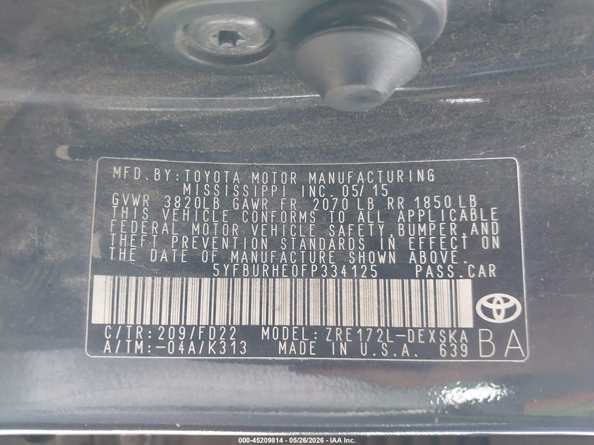 2015 TOYOTA COROLLA SEDAN 1.8L I-4 DOHC, VVT, 132HP