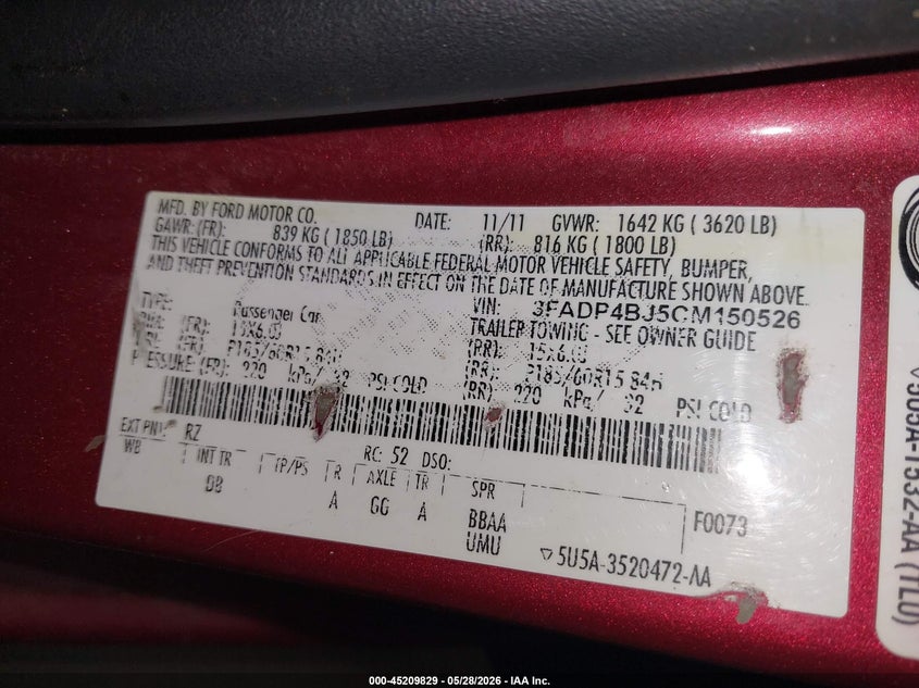 2012 Ford Fiesta 1.6 Se red Lot 111045209829 Vin 3FADP4BJ5CM150526