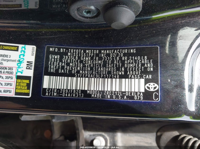 2020 TOYOTA COROLLA SEDAN 1.8L I-4 DOHC, VVT, 139HP