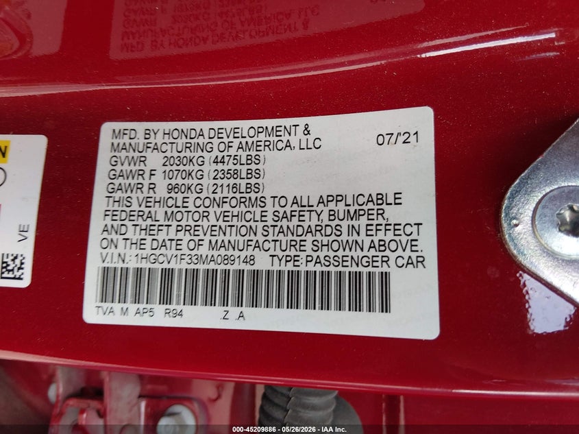 VIN 1HGCV1F33MA089148 2021 HONDA ACCORD SPORT
