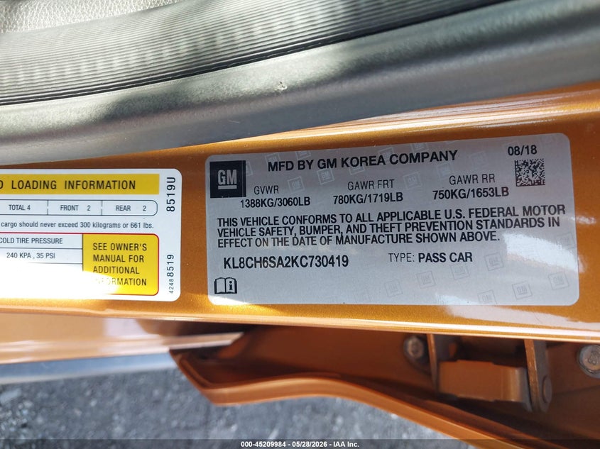 2019 Chevrolet Spark Activ Cvt VIN: KL8CH6SA2KC730419 Lot: 45209984