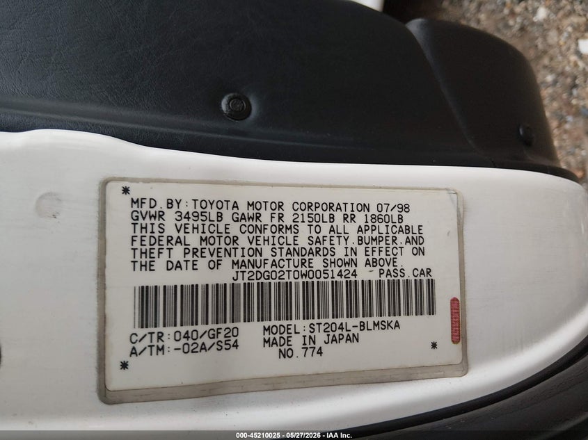 1998 Toyota Celica Gt VIN: JT2DG02T0W0051424 Lot: 45210025