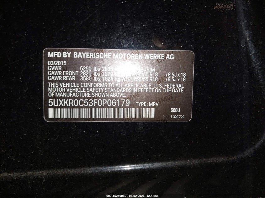 2015 BMW X5 xDrive35I VIN: 5UXKR0C53F0P06179 Lot: 45210080