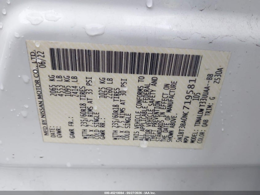 2022 Nissan Rogue Sv Fwd VIN: 5N1BT3BA0NC719581 Lot: 45210084