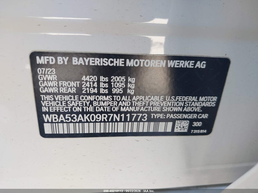 2024 BMW 228I Gran Coupe Sdrive VIN: WBA53AK09R7N11773 Lot: 45210113