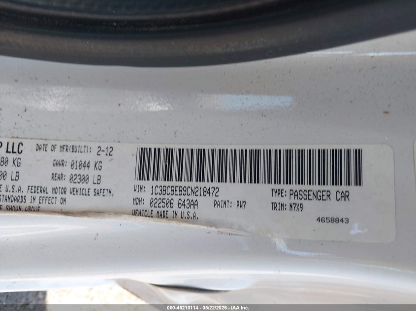 2012 Chrysler 200 2.4 Touring white Lot 111045210114 Vin 1C3BCBEB9CN218472