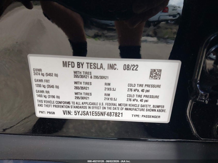 2022 Tesla Model S Dual Motor All-Wheel Drive VIN: 5YJSA1E55NF487821 Lot: 45210128