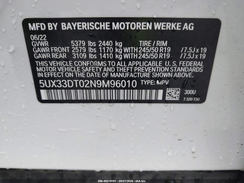 2022 BMW X4 xDrive30I VIN: 5UX33DT02N9M96010 Lot: 45210161