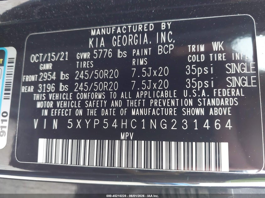 2022 Kia Telluride Sx VIN: 5XYP54HC1NG231464 Lot: 45210228